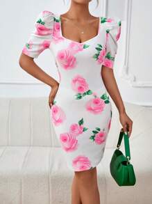 SHEIN Privé Floral Print Puff Sleeve Bodycon Dress - White - View 1
