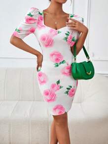 SHEIN Privé Floral Print Puff Sleeve Bodycon Dress - White - View 5