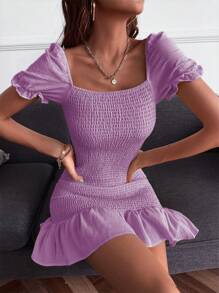 SHEIN VCAY Vestido de manga farol con fruncido bajo con fruncido - Morado - Ver 5