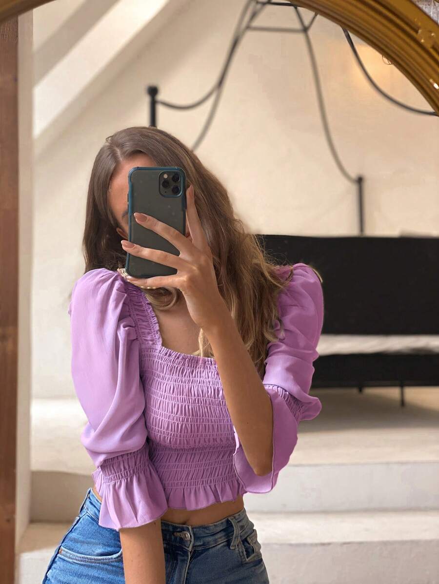 GENKIRA Square Neck Puff Sleeve Crop Blouse - Purple - View 1