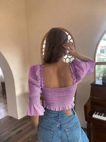 GENKIRA Square Neck Puff Sleeve Crop Blouse - Purple - View 2