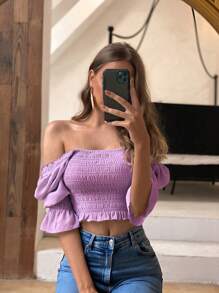 GENKIRA Square Neck Puff Sleeve Crop Blouse - Purple - View 3