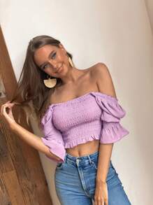 GENKIRA Square Neck Puff Sleeve Crop Blouse - Purple - View 5