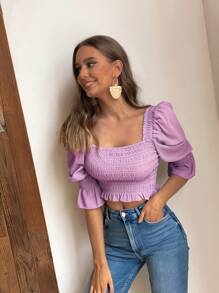 GENKIRA Square Neck Puff Sleeve Crop Blouse - Purple - View 6