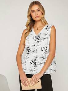 BizChic Floral Print V Neck Blouse Workwear - Black and White - View 5
