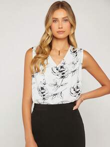 BizChic Floral Print V Neck Blouse Workwear - Black and White - View 9