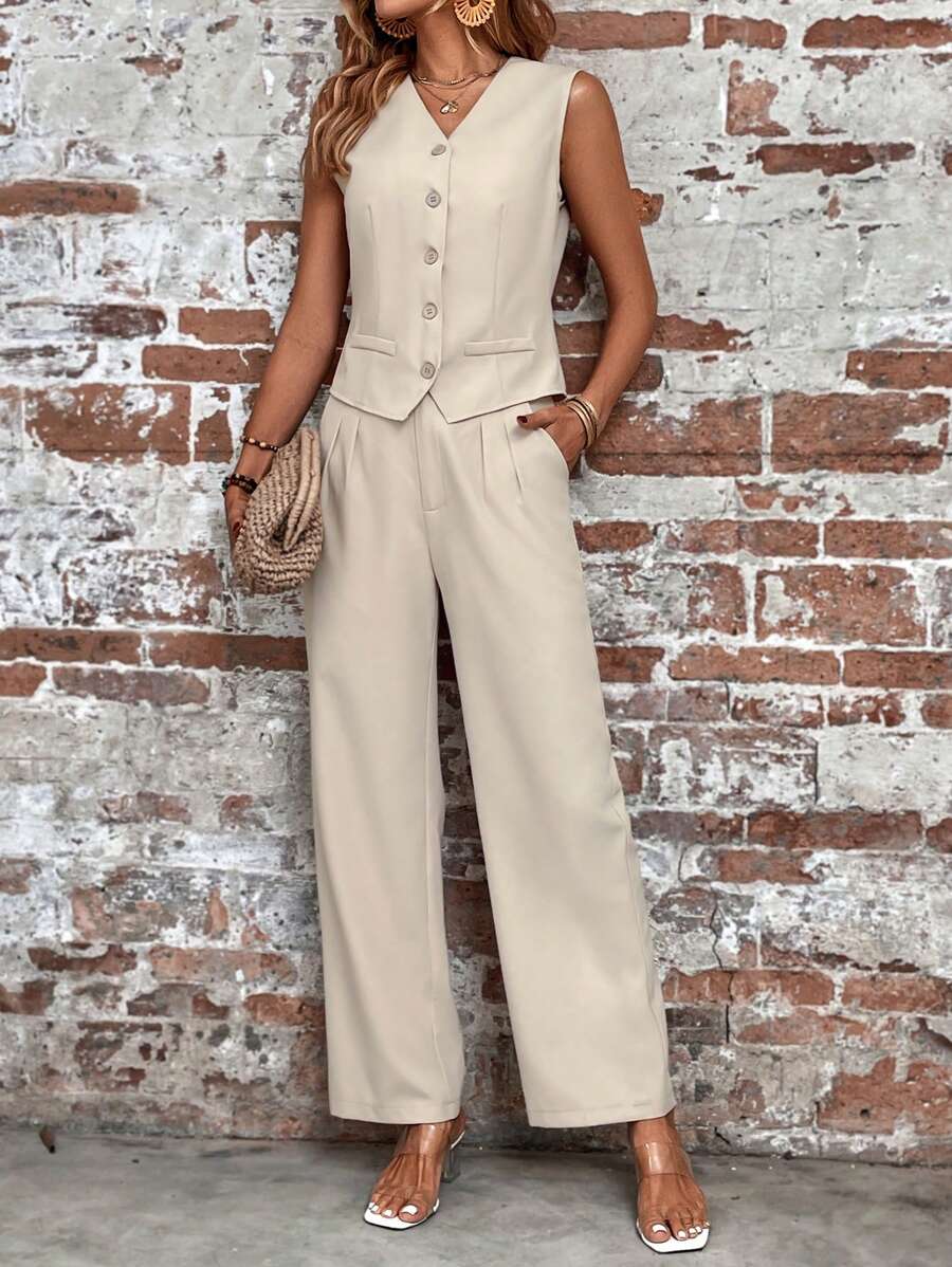 Chiquease Button Front Vest Blazer & Slant Pocket Trousers - Apricot - View 1