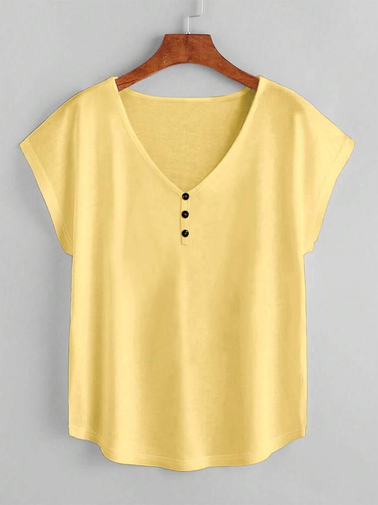 SHEIN LUNE Solid Button Detail Batwing Sleeve Tee - Yellow - View 1