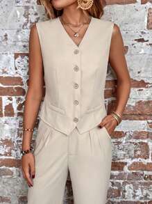Chiquease Button Front Vest Blazer & Slant Pocket Trousers - Apricot - View 3