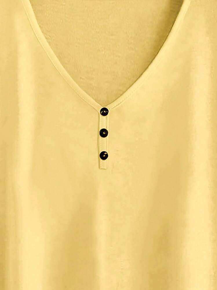 SHEIN LUNE Solid Button Detail Batwing Sleeve Tee - Yellow - View 4