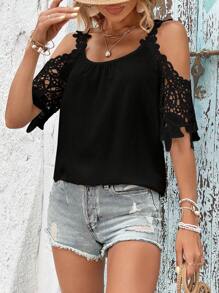 Breezaya 拼接水溶蕾絲挖肩襯衫