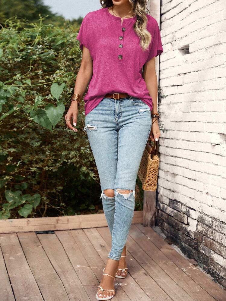 SHEIN LUNE T-shirt unicolore à bouton manches chauve-souris - Rose vif - Voir 5