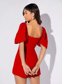 SHEIN Privé Sweetheart Neck Puff Sleeve Romper - Red - View 2