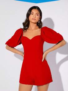 SHEIN Privé Sweetheart Neck Puff Sleeve Romper - Red - View 3