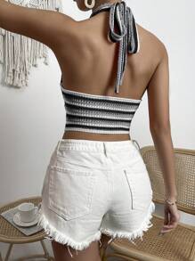 SHEIN VCAY Top de punto con patrón de rayas de espalda abierta halter - Negro - Ver 2