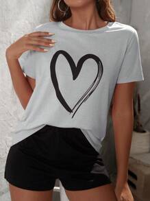 SHEIN LUNE 愛心圖案T恤和短褲 - 淺灰色 - 查看 1