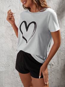 SHEIN LUNE 愛心圖案T恤和短褲 - 淺灰色 - 查看 3