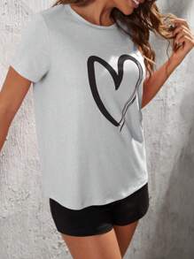 SHEIN LUNE 愛心圖案T恤和短褲 - 淺灰色 - 查看 5