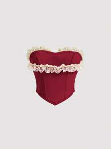 SHEIN MOD 蝴蝶結前綁帶修飾露背紅色上衣,蕾絲邊緣、頸部吊帶和擺襬設計,胸前整形杯和腰部塑形設計 - 酒紅色 - 查看 2