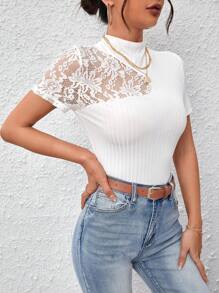 SHEIN Privé Contrast Lace Mock Neck White Tee - White - View 4