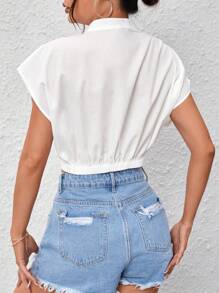 SHEIN Essnce 前扭結蝙蝠袖前紐扣襯衫 - 白色 - 查看 2