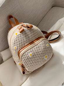 Mini Straw Bag Floral Embroidered Vacation Pocket Front - Beige - View 1