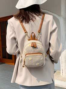 Mini Straw Bag Floral Embroidered Vacation Pocket Front - Beige - View 4