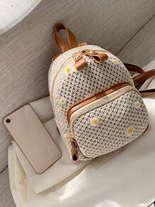 Mini Straw Bag Floral Embroidered Vacation Pocket Front - Beige - View 5