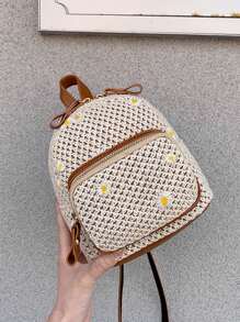 Mini Straw Bag Floral Embroidered Vacation Pocket Front - Beige - View 7