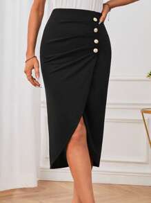 SHEIN Clasi Button Detail Ruched Wrap Hem Skirt - Black - View 1