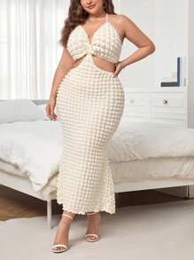 SHEIN Privé Plus Cut Out Tie Backless Halter Neck Mermaid Hem Dress - Beige - View 1