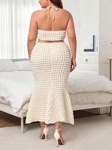 SHEIN Privé Plus Cut Out Tie Backless Halter Neck Mermaid Hem Dress - Beige - View 2