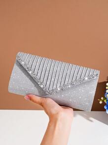 金屬亮絲信封包水鑽裝飾百褶魅力四射 - 銀色 - 查看 2