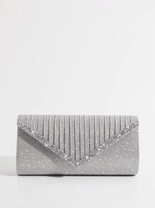 金屬亮絲信封包水鑽裝飾百褶魅力四射 - 銀色 - 查看 3
