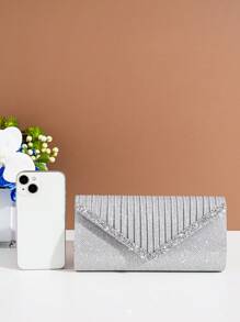 金屬亮絲信封包水鑽裝飾百褶魅力四射 - 銀色 - 查看 5