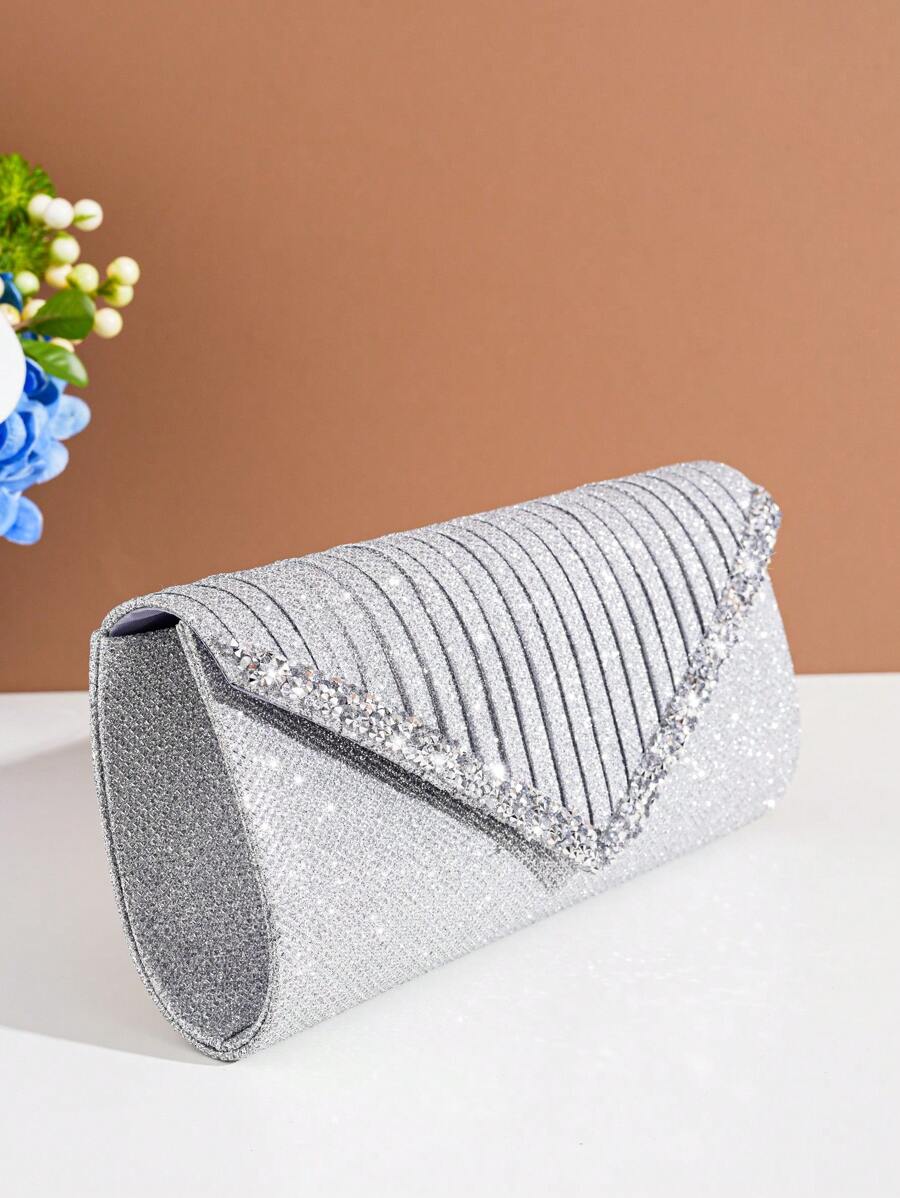 金屬亮絲信封包水鑽裝飾百褶魅力四射 - 銀色 - 查看 1