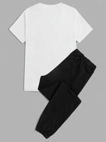 RueChic Men Letter Graphic Tee & Drawstring Waist Joggers - Black and White - View 2
