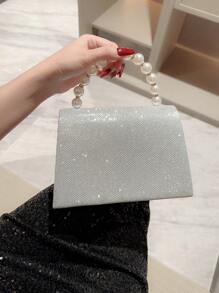 Moonlit EveBag閃亮閃爍，閃片，奢華，閃閃發亮的菱形公主假珍珠和鑲嵌水晶小方包飾以閃亮的假珍珠裝飾，裝飾豪華，適用於派對、婚禮、舞會和晚宴，唇膏，女性珍珠包晚宴袋，派對女孩、女人、新娘的完美選擇，非常適合派對、婚禮、晚宴/宴會 - 銀色 - 查看 3