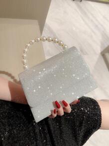 Moonlit EveBag閃亮閃爍，閃片，奢華，閃閃發亮的菱形公主假珍珠和鑲嵌水晶小方包飾以閃亮的假珍珠裝飾，裝飾豪華，適用於派對、婚禮、舞會和晚宴，唇膏，女性珍珠包晚宴袋，派對女孩、女人、新娘的完美選擇，非常適合派對、婚禮、晚宴/宴會 - 銀色 - 查看 4