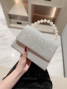 Moonlit EveBag閃亮閃爍，閃片，奢華，閃閃發亮的菱形公主假珍珠和鑲嵌水晶小方包飾以閃亮的假珍珠裝飾，裝飾豪華，適用於派對、婚禮、舞會和晚宴，唇膏，女性珍珠包晚宴袋，派對女孩、女人、新娘的完美選擇，非常適合派對、婚禮、晚宴/宴會 - 銀色 - 查看 6