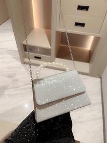 Moonlit EveBag閃亮閃爍，閃片，奢華，閃閃發亮的菱形公主假珍珠和鑲嵌水晶小方包飾以閃亮的假珍珠裝飾，裝飾豪華，適用於派對、婚禮、舞會和晚宴，唇膏，女性珍珠包晚宴袋，派對女孩、女人、新娘的完美選擇，非常適合派對、婚禮、晚宴/宴會 - 銀色 - 查看 1