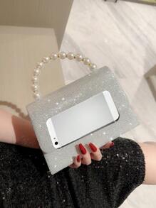 Moonlit EveBag閃亮閃爍，閃片，奢華，閃閃發亮的菱形公主假珍珠和鑲嵌水晶小方包飾以閃亮的假珍珠裝飾，裝飾豪華，適用於派對、婚禮、舞會和晚宴，唇膏，女性珍珠包晚宴袋，派對女孩、女人、新娘的完美選擇，非常適合派對、婚禮、晚宴/宴會 - 銀色 - 查看 10
