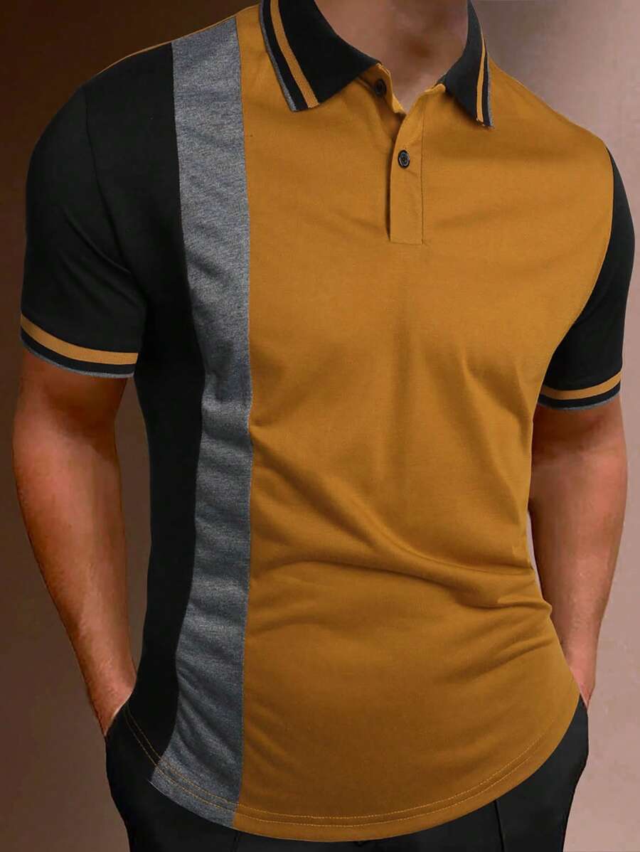 Manfinity Homme Áo thun có cổ Nam Nút phía trước Khối Màu Giải trí - màu nâu - Xem 1