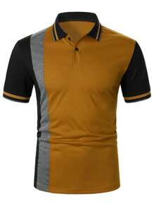 Manfinity Homme Áo thun có cổ Nam Nút phía trước Khối Màu Giải trí - màu nâu - Xem 3