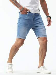 Manfinity Homme Men Cotton Slant Pocket Bermuda Denim Shorts - Light Wash - View 5