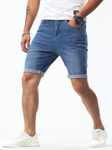 Manfinity Homme 男士棉斜口袋卷邊牛仔短褲