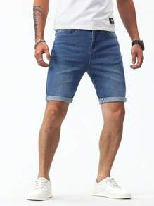 Manfinity Homme 男士棉斜口袋卷邊牛仔短褲