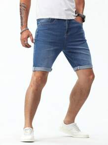 Manfinity Homme 男士棉斜口袋卷邊牛仔短褲