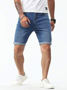 Manfinity Homme 男士棉斜口袋卷邊牛仔短褲