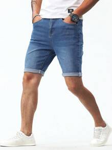 Manfinity Homme 男士棉斜口袋卷邊牛仔短褲